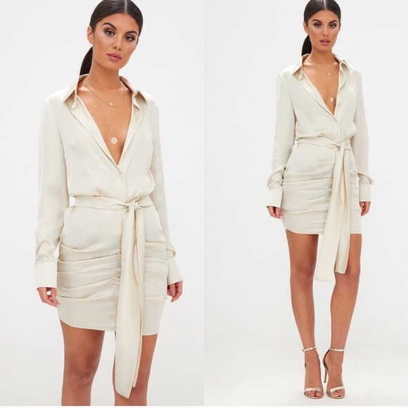 champagne satin ruched shirt dress